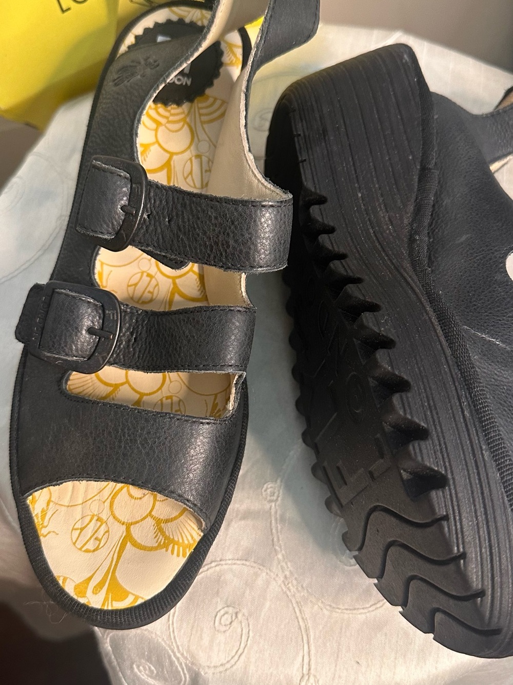 Fly London Black Leather Triple-Strap Wedge Sandals - Picture 8 of 8